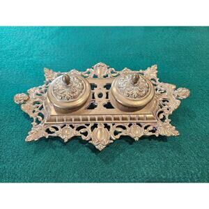 Vintage Brass Double Inkwell- Angel Designs